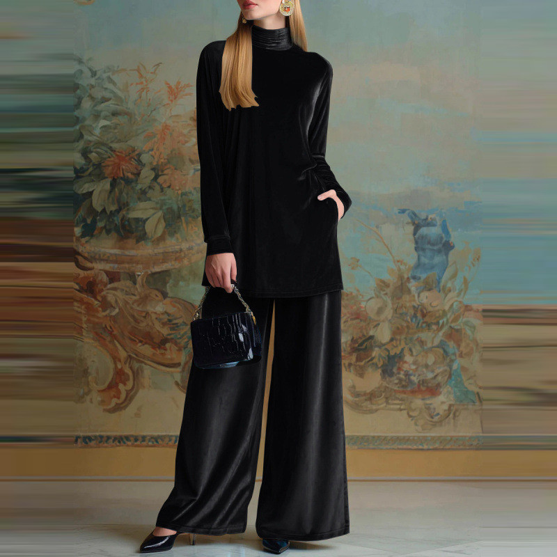 Autumn New Women Solid Two Piece Temperament Velvet Loose Commute Outfits Elegant O-neck Long Sleeve Pullovers&Pocket Pants Sets