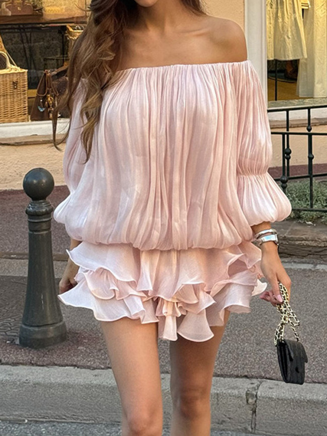 Fashion Long Sleeve Lady Dresses Sexy Slash Collar Ruffles Mini Dress Elegant Off Shoulder High Waist Pleated Party Short Dress