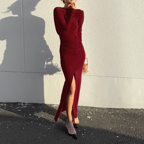 Autumn New Pleated O-neck Party Maxi Dresses Sexy Backless Solid Slim Banquet Dress Lady Elegant Long Sleeve Split Evening Dress