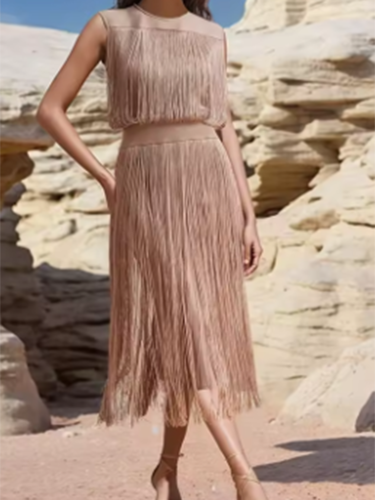 Lady Solid Pleated Banquet Dresses Fashion O-neck Tassel Hem Long Dress Temperament Sleeveless Hollow Out Spliced Evening Dress