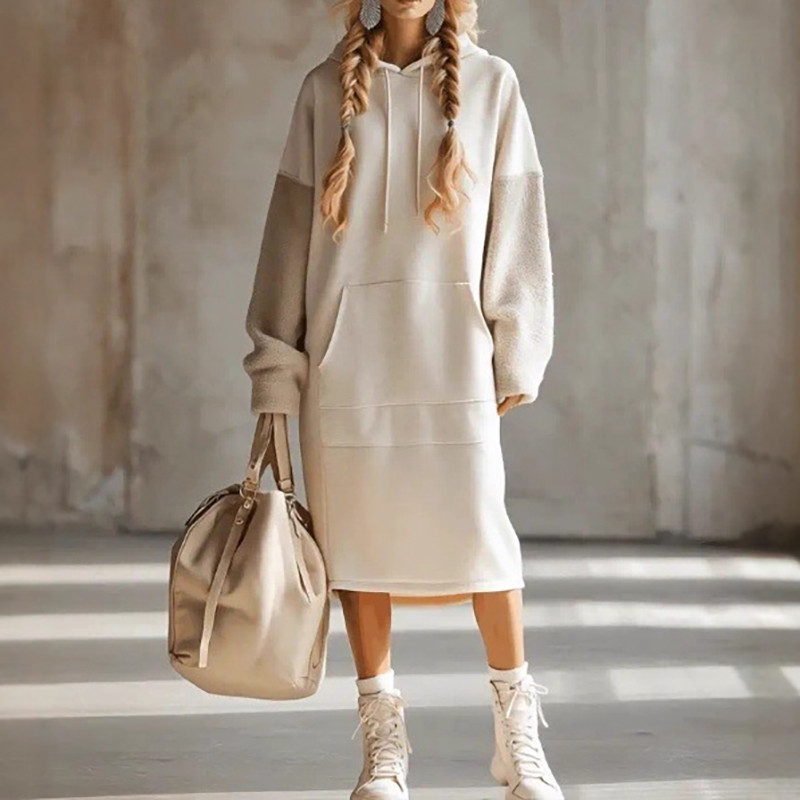 Fashion Long Sleeve Hoodies Dress Elegant Pocket Lady Casual Homewear Dress 2025 Autumn Winter New Patchwork Coral Fleece Dress