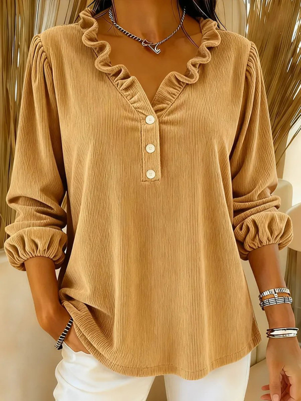 Autumn New Simple V-neck Ruffles Commute Tops For Women New Corduroy Solid Pullovers Elegant Lantern Long Sleeve Loose Tops