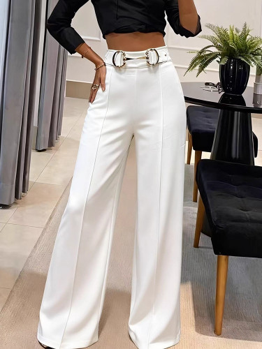Fashion Solid Color Pocket Commute Trouser Hot Girl Slim Straight Long Pants New High Waist Metal Buckle Decoration Pants