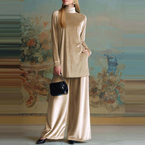 Autumn New Women Solid Two Piece Temperament Velvet Loose Commute Outfits Elegant O-neck Long Sleeve Pullovers&Pocket Pants Sets