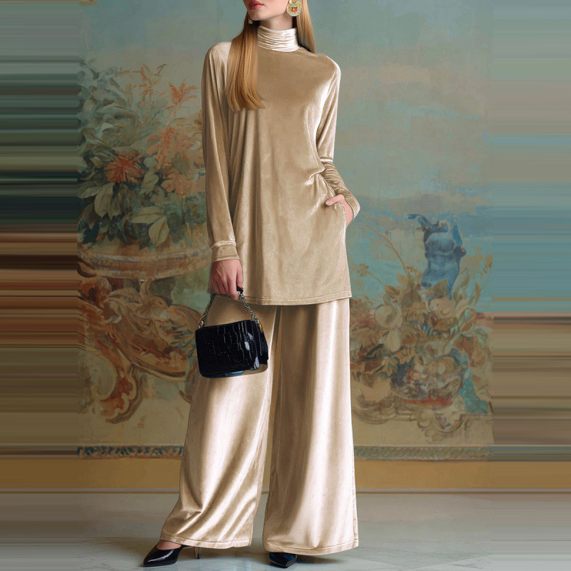Autumn New Women Solid Two Piece Temperament Velvet Loose Commute Outfits Elegant O-neck Long Sleeve Pullovers&Pocket Pants Sets