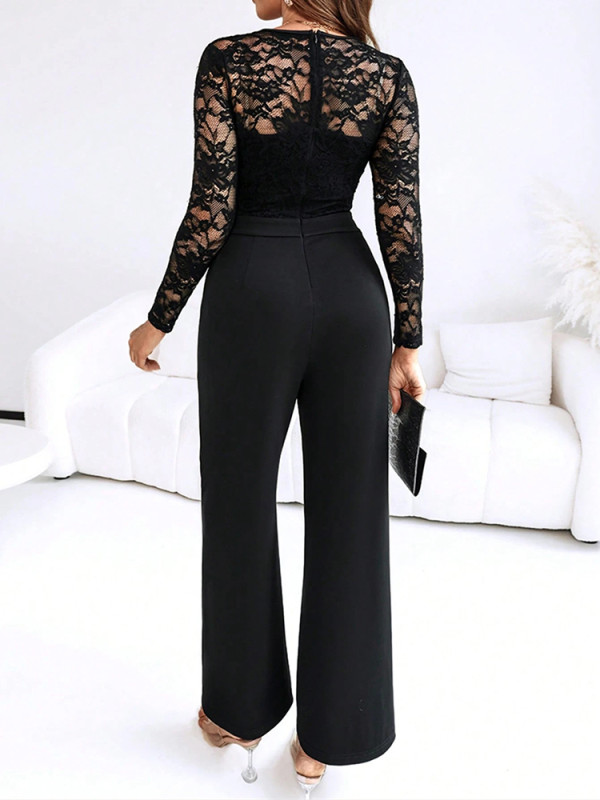 Lady Autumn New Simple Hollow Party Rompers Sexy V-neck Lace Edge Bodycon Jumpsuits Fashion Solid High Waist Commute Playsuits