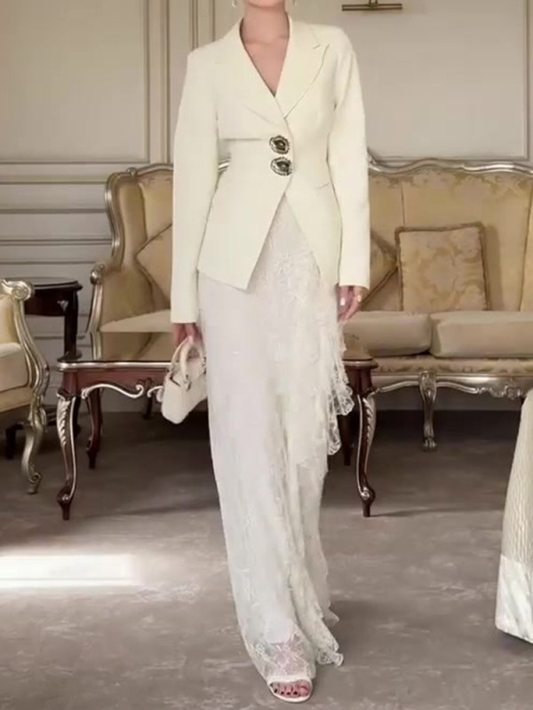 Fashion Irregular Pleated Skirts Sets Elegant Long Sleeve Button Blazer&Lace Skirts Sets Temperament Commute Solid Color Outfits