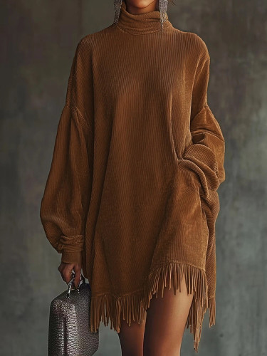 Women High Waist Long Sleeve Commute Dress Elegant Half High Collar Party Mini Dresses Casual Loose Solid Color Tassel Hem Dress