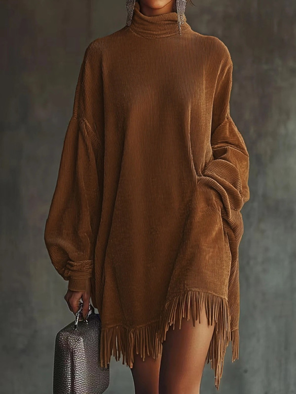 Women High Waist Long Sleeve Commute Dress Elegant Half High Collar Party Mini Dresses Casual Loose Solid Color Tassel Hem Dress