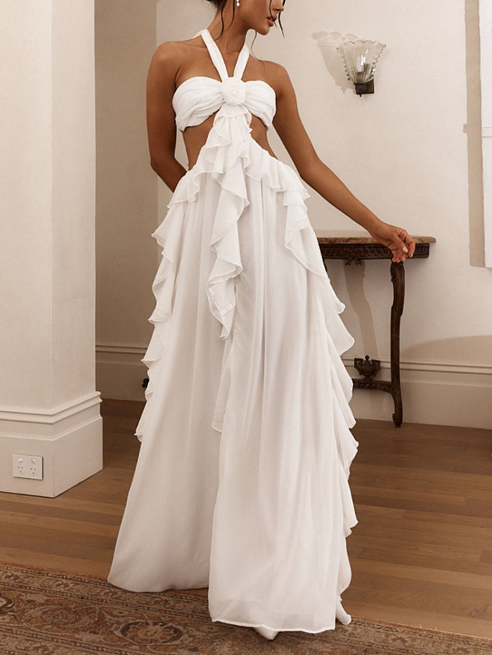Summer New Sleeveless Backless Swing Long Dress Lady Solid Color High Waist Dresses Sexy Hollow Out Halter Ruffles Evening Dress