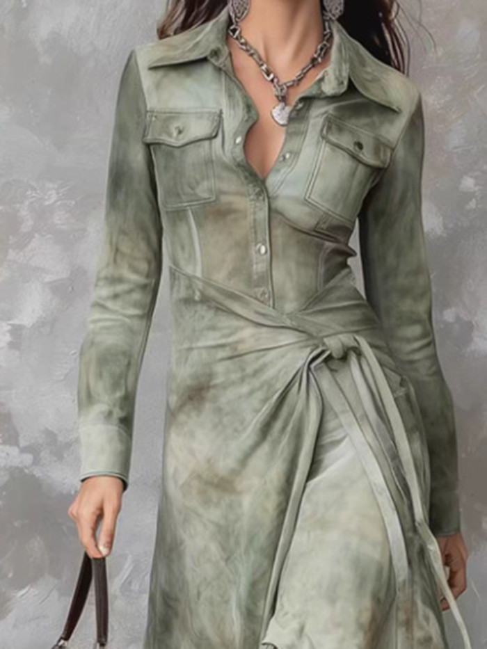 Elegant Lapel Long Sleeve High Waist Dress Temperament Slim Lace Up Commute Dresses Casual Vintage Printed Irregular Long Dress