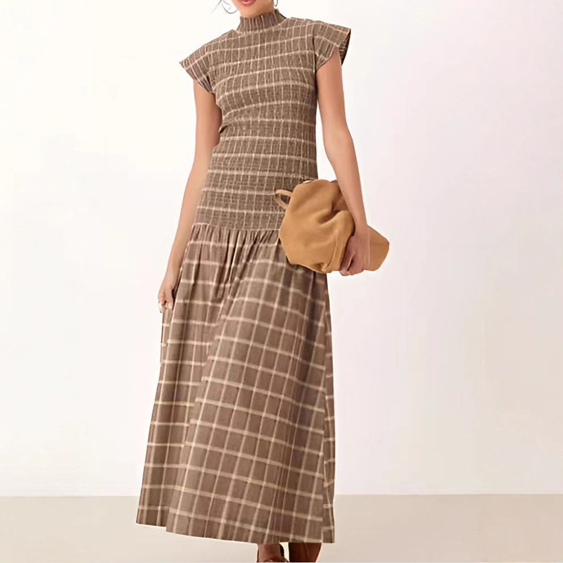 Elegant O-neck Women Short Sleeve Party Dress Temperament High Waist Pleated Maxi Dress Vintage Grid Printed Slim Big Hem Dress