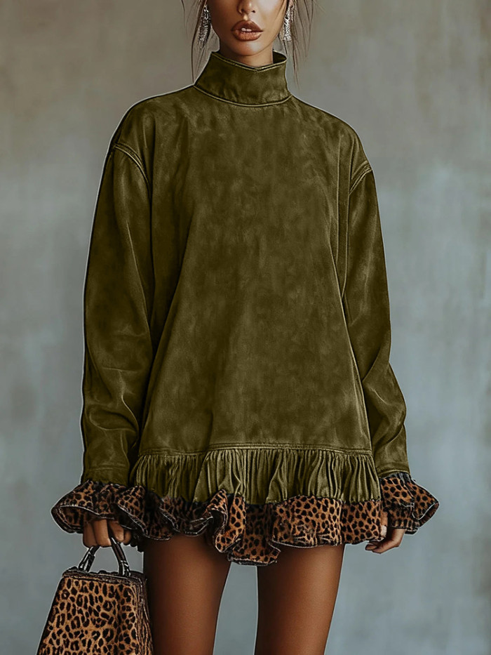 Casual Long Sleeve Loose Ruffles Short Dress Temperament Autumn New Dress Vintage High Collar Leopard Printed Spliced Hem Dress
