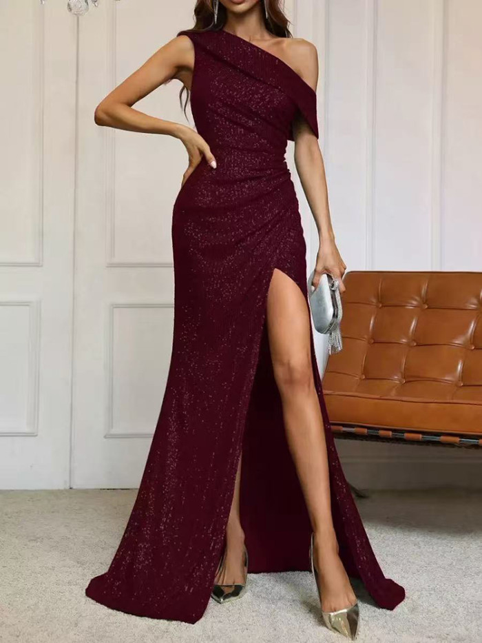 Temperament High Waist Glitter Wrap Hips Dress Sexy Asymmetry Slash Collar Sequins Evening Dress Trendy Hollow Fit Banquet Dress