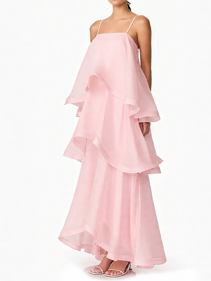 Casual Solid Hollow Out Party A-line Dress Fashion Spaghetti Strap Sleeveless Evening Dress Elegant High Waist Ruffle Cake Dress