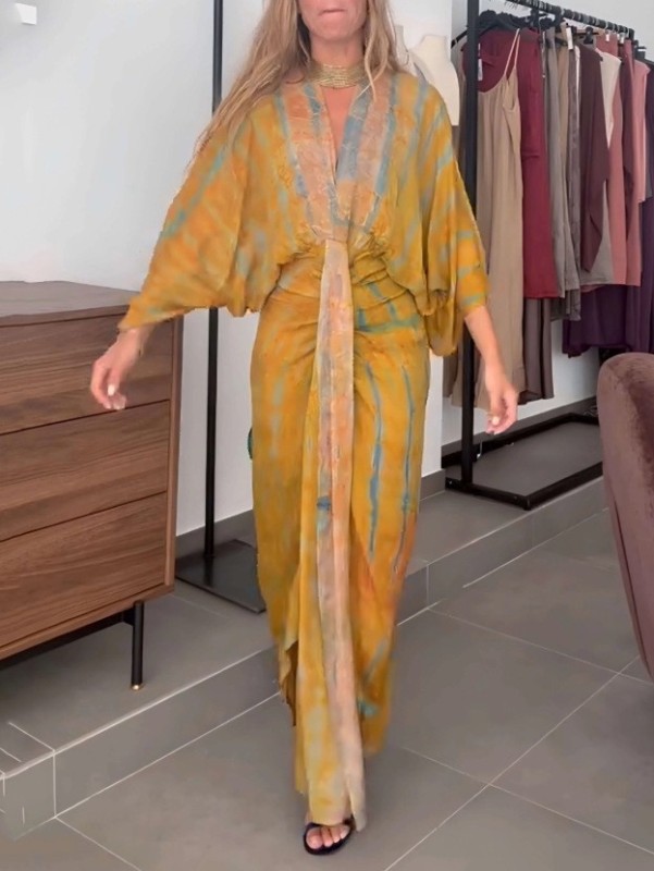 Temperament Bat Sleeve Loose Party Dress Elegant Lady Print Commute Tie Up Dress Casual V-neck High Waist Pleat Bohe Maxi Dress