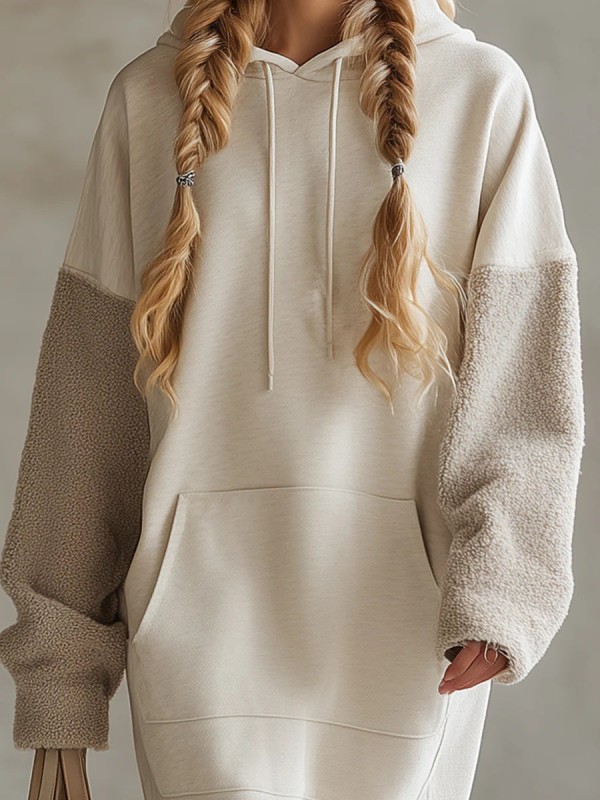 Fashion Long Sleeve Hoodies Dress Elegant Pocket Lady Casual Homewear Dress 2025 Autumn Winter New Patchwork Coral Fleece Dress