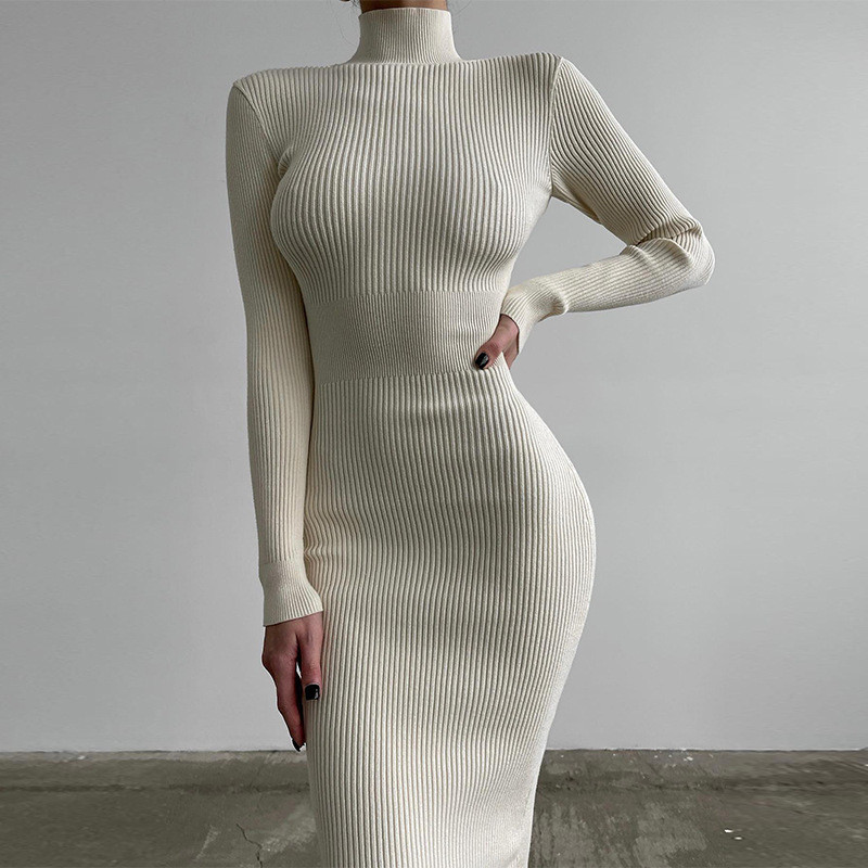 High Collar Mid-length Pitted Knitted Skirt Women Solid Color Woolen Tight Sexy Autumn And Winter Dress Mujer Sexy Vestido