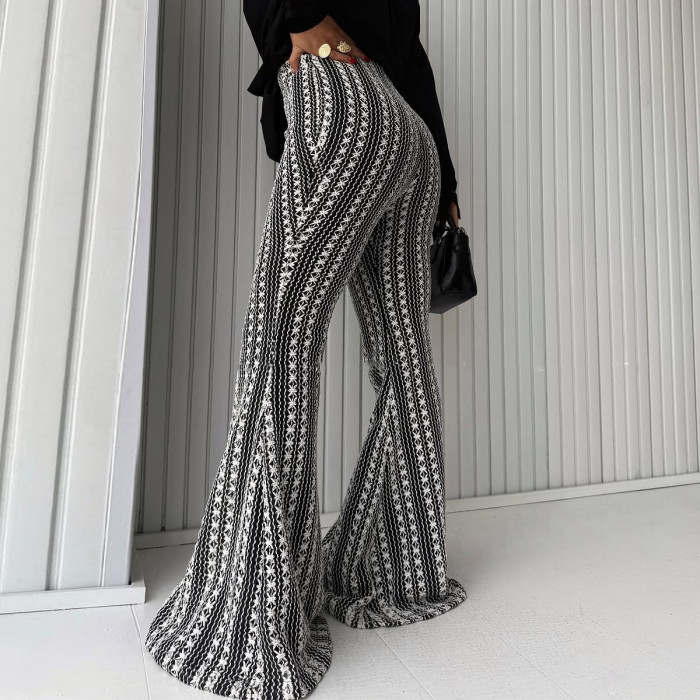 Women's Pants Clothing Autumn New Slim Fit Striped Mid-waist Stretch Knitted Hollow Bell-bottom Casual Pants Y2k Trousers