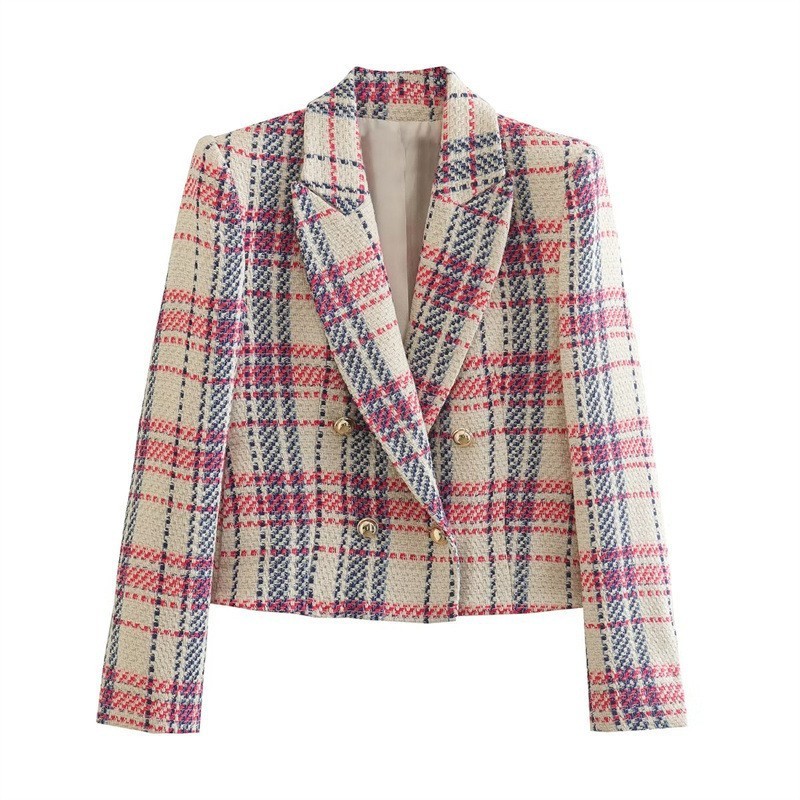 Women's Jackets Outerwears Women's Spring New Style Woolen Textured Double-breasted Slim-fit Plaid Shoulder Jacket Vintage