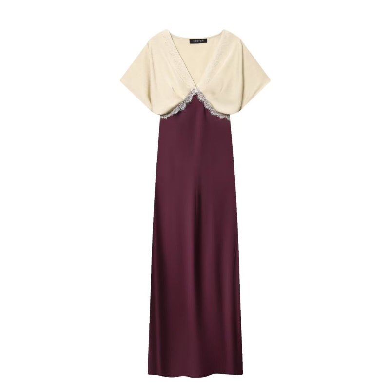 Female Clothing Dresses For Woman Women's Spring Long Dress New Elegant V-neck Temperament Lace Silk Satin Long Dress Robe