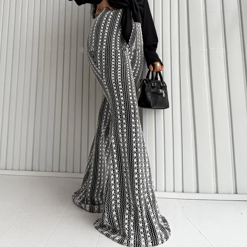Women's Pants Clothing Autumn New Slim Fit Striped Mid-waist Stretch Knitted Hollow Bell-bottom Casual Pants Y2k Trousers