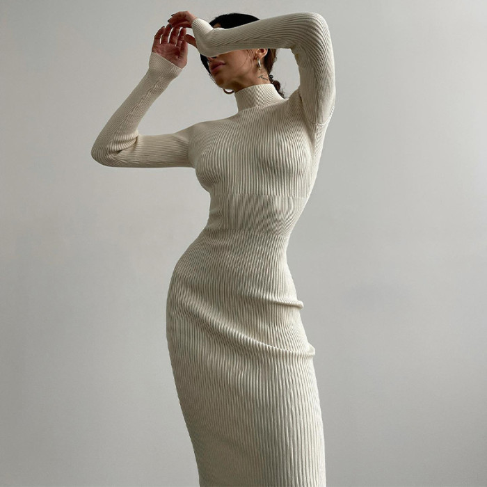 High Collar Mid-length Pitted Knitted Skirt Women Solid Color Woolen Tight Sexy Autumn And Winter Dress Mujer Sexy Vestido