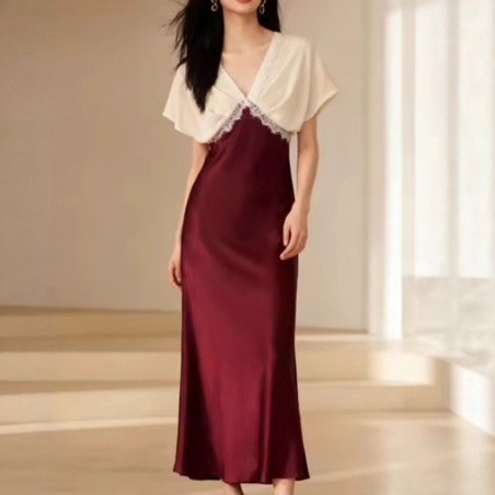 Female Clothing Dresses For Woman Women's Spring Long Dress New Elegant V-neck Temperament Lace Silk Satin Long Dress Robe