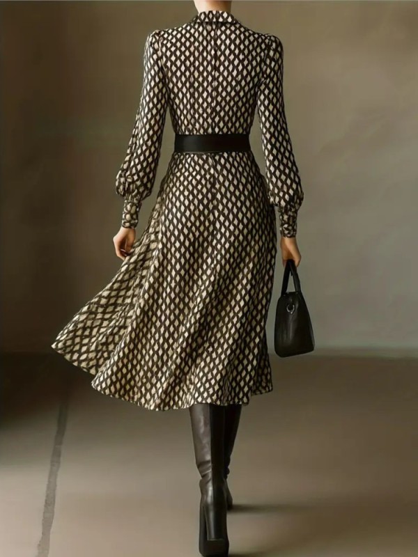 Lantern Long Sleeve Dress New Style Lapel Print Women's Long Sleeved Elegant Lapel Collar Dress Casual and Comfortable Dresses