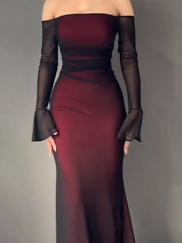 Printed Slim Evening Dress Fashion Long Sleeve Tube Top Wrap Hips Dress Sexy Off Shoulder High Waist Banquet Dress