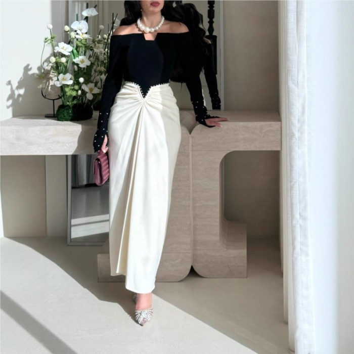 Temperament Dresses Woman Banquet Contrast Pearl Patchwork Package Hip Long Sleeve Slim One Line Neck Elegant