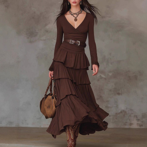 Women's French Retro Slim-fit V-neck Cake Dress with Belt