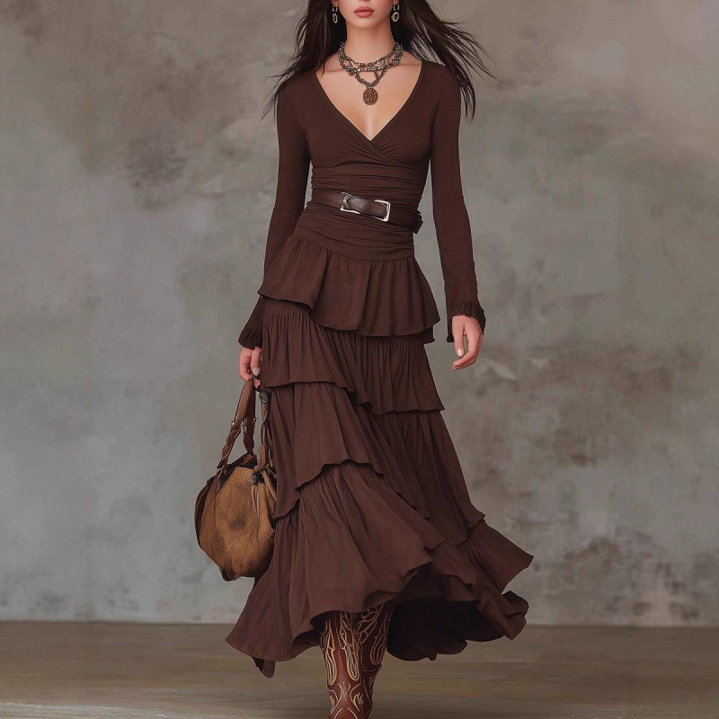 Women's French Retro Slim-fit V-neck Cake Dress with Belt