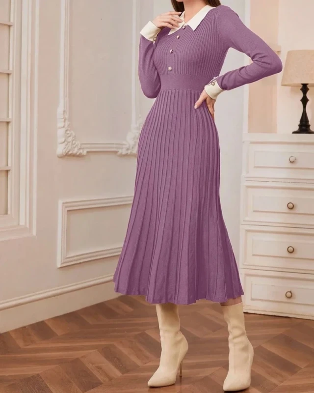 Retro A-line Long Sleeved Knitted Dress with Lapel for Autumn and Winter New Women's Clothing