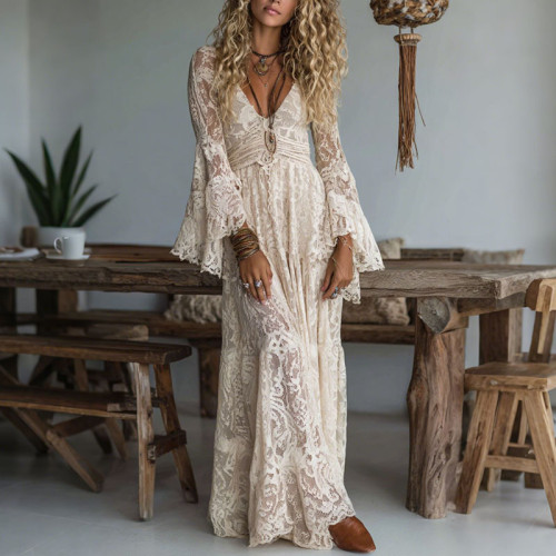 New Deep V Neck Embroidery Lace Woman Dress Spring Hollow Out High Waist Crochet Dresses Autumn Flare Sleeve Jacquard Long Dress