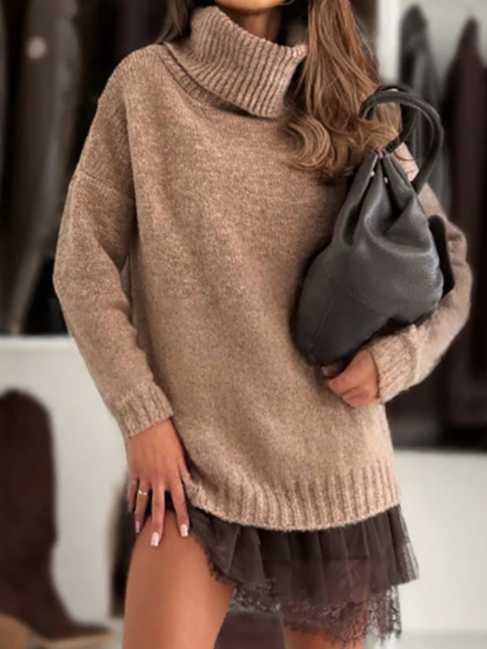 New Chic Turtleneck Patchwork Mini Sweater Dress ✨