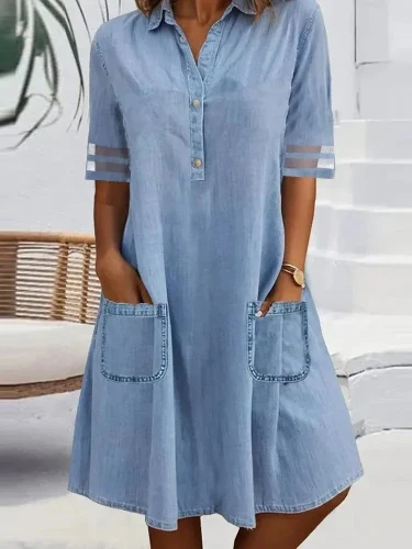 Fashion Denim Women Dress Solid Color Mid Sleeves A Line Pattern Above Knee Stand Collar Casual Pocket Shirt Dress