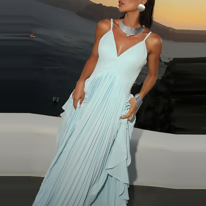 New Women Commute Robes Luxury V-neck Sleeveless Halter Evening Dress Elegant Pure Color High Waist Ruffles