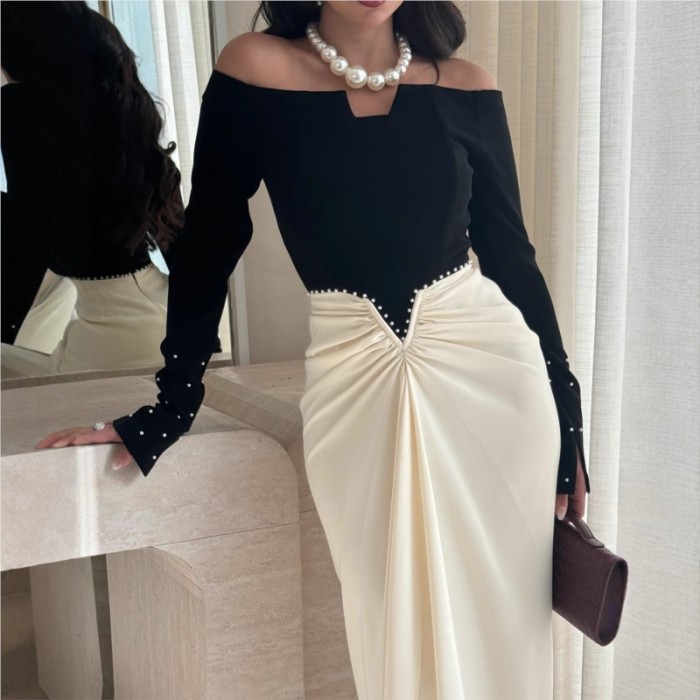 Temperament Dresses Woman Banquet Contrast Pearl Patchwork Package Hip Long Sleeve Slim One Line Neck Elegant