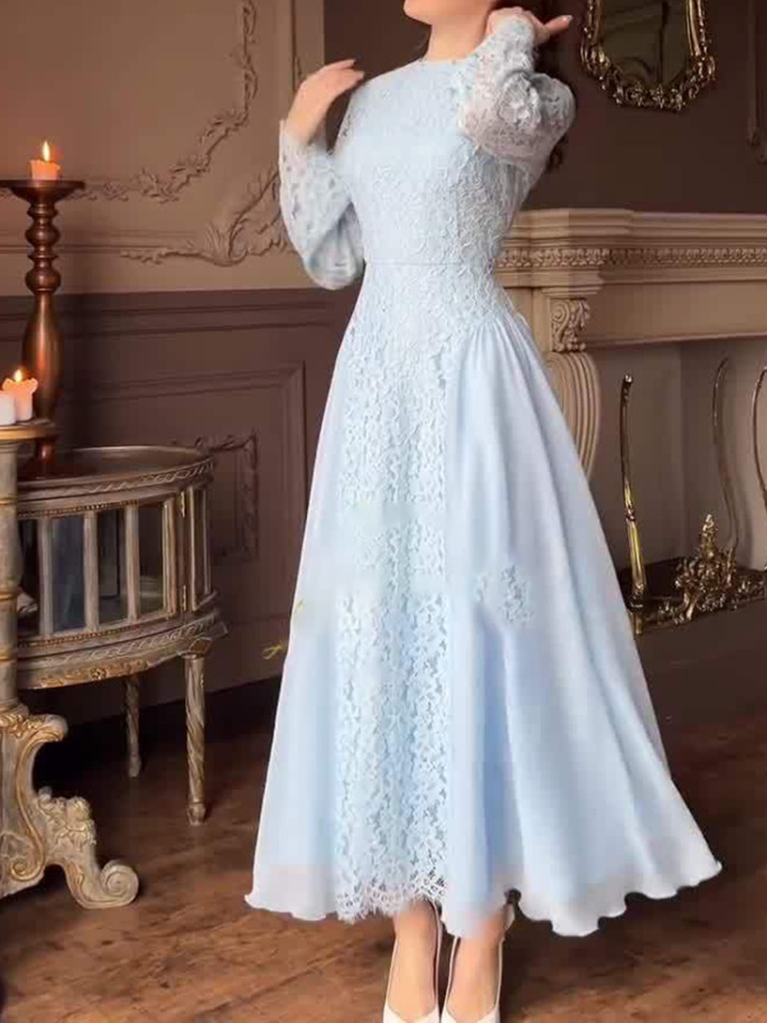 Leisure O-neck Long Sleeve Big Hem Dress Lady Color Blocked Pleated High Waist Dress Vintage Elegant Lace Spliced Banquet Dress