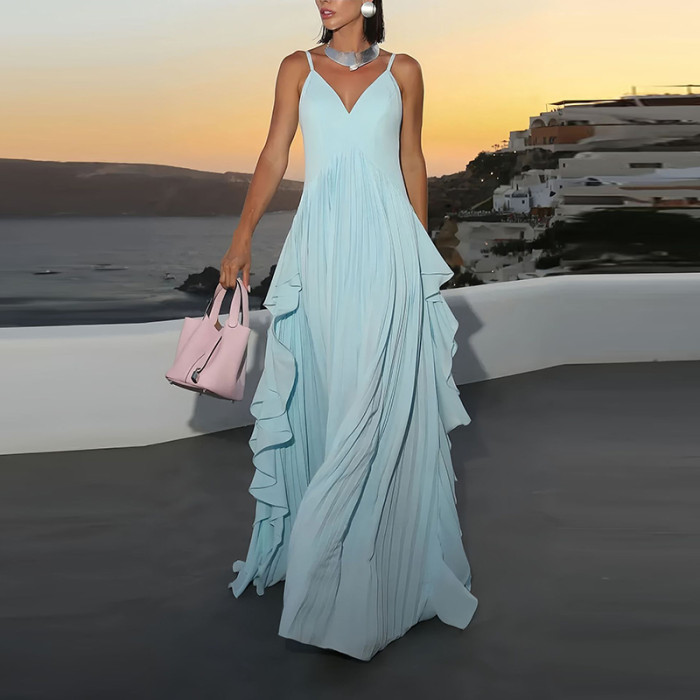 New Women Commute Robes Luxury V-neck Sleeveless Halter Evening Dress Elegant Pure Color High Waist Ruffles