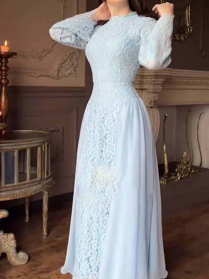Leisure O-neck Long Sleeve Big Hem Dress Lady Color Blocked Pleated High Waist Dress Vintage Elegant Lace Spliced Banquet Dress