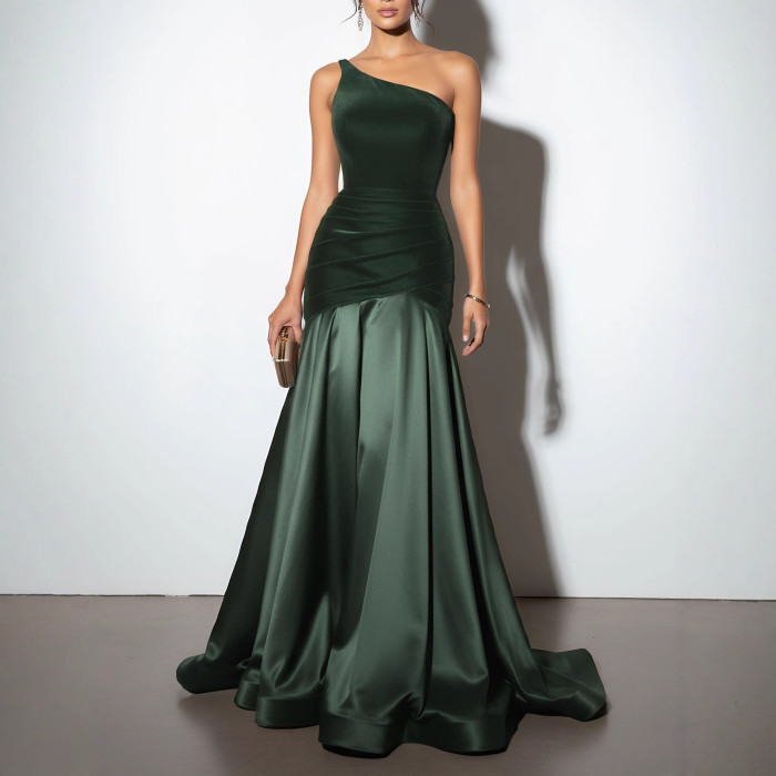 One Shoulder Burgundy Evening Gown Satin Ruched Split Joint Velvet Sleeveless Prom Gown Dress Customized Formal Dresses