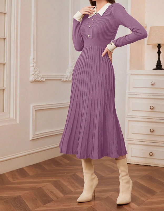 Retro A-line Long Sleeved Knitted Dress with Lapel for Autumn and Winter New Women's Clothing