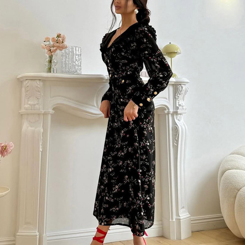 Retro Printing Sailor Collar Big Swing Dresses Spring Women Lantern Sleeve Button Slim Dress Autumn High Waist Knee Length Dress