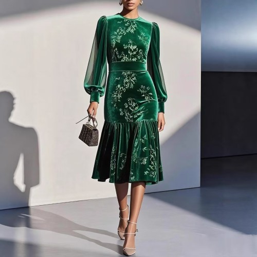 Fall Winter Floral Print Pleated Velvet Dresses Woman O Neck High Waist Slim Party Dress Sexy Splicing Mesh Sleeve Mermaid Dress