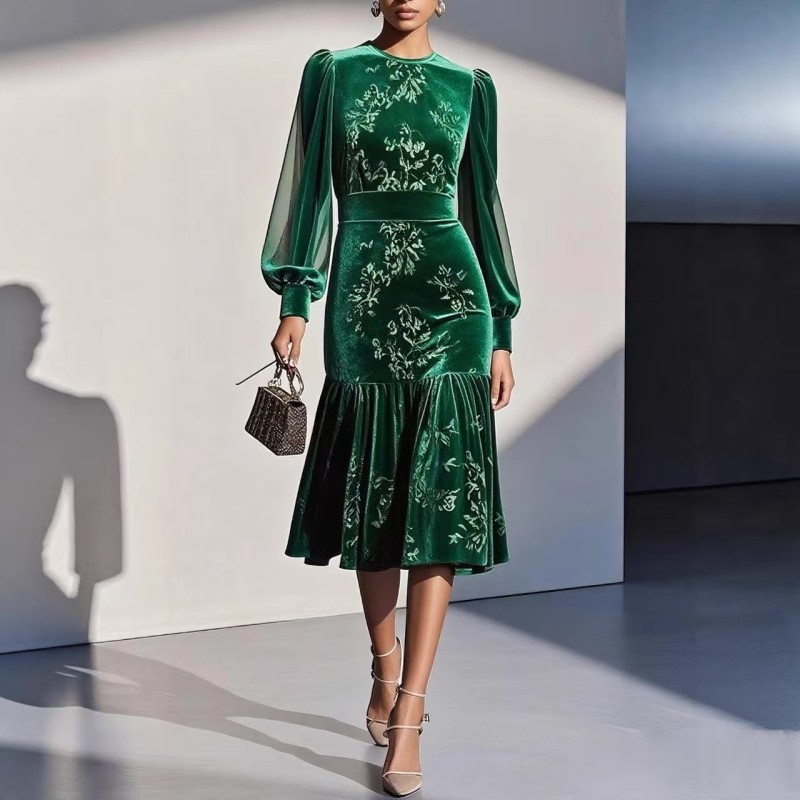 Fall Winter Floral Print Pleated Velvet Dresses Woman O Neck High Waist Slim Party Dress Sexy Splicing Mesh Sleeve Mermaid Dress