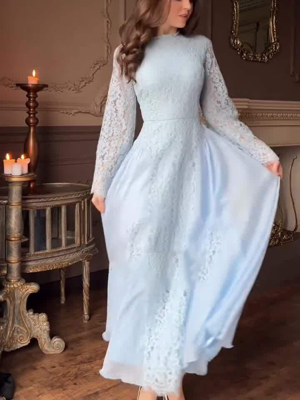 Leisure O-neck Long Sleeve Big Hem Dress Lady Color Blocked Pleated High Waist Dress Vintage Elegant Lace Spliced Banquet Dress
