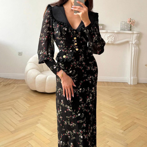 Retro Printing Sailor Collar Big Swing Dresses Spring Women Lantern Sleeve Button Slim Dress Autumn High Waist Knee Length Dress