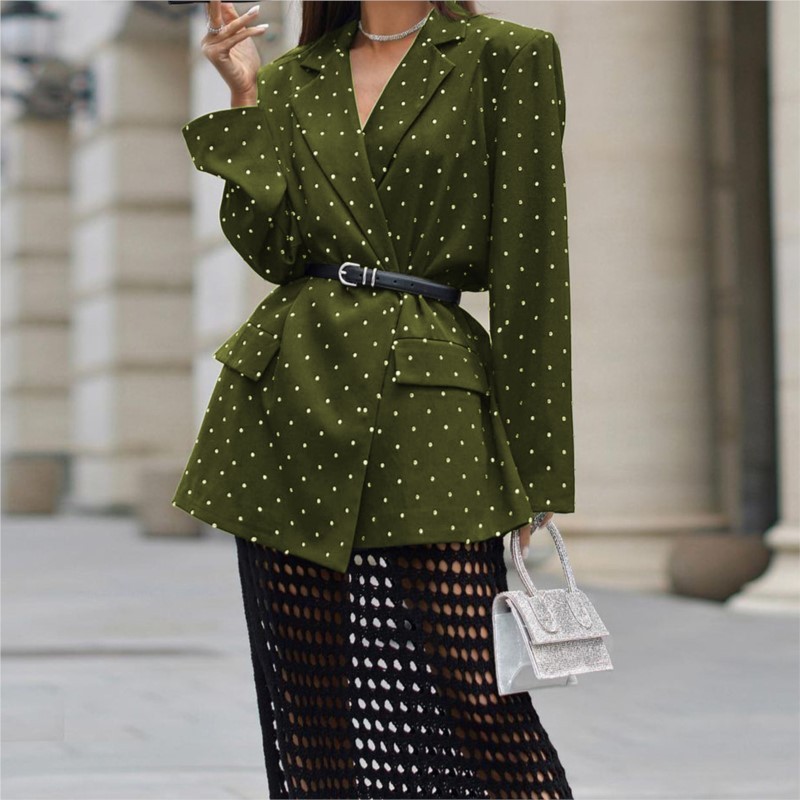 Polka Collar Long Sleeved One Button Suit Jacket for Spring Autumn New Women's Fashion Printed Jacket with Belt